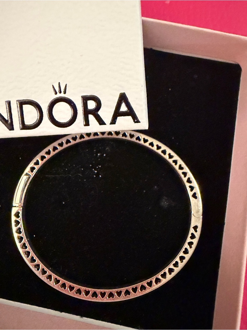 PANDORA Silver Heart-Pattern Bangle Bracelet - Silver w Pink Enamel/white sttone